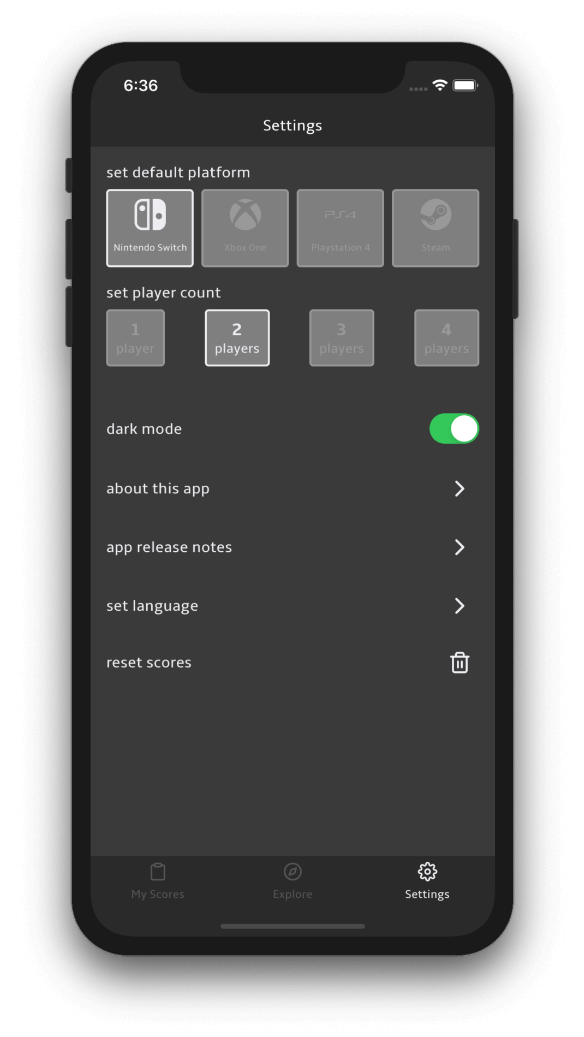 trackscore app settings dark theme